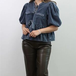 Denim Front Tie Puff Sleeve Top